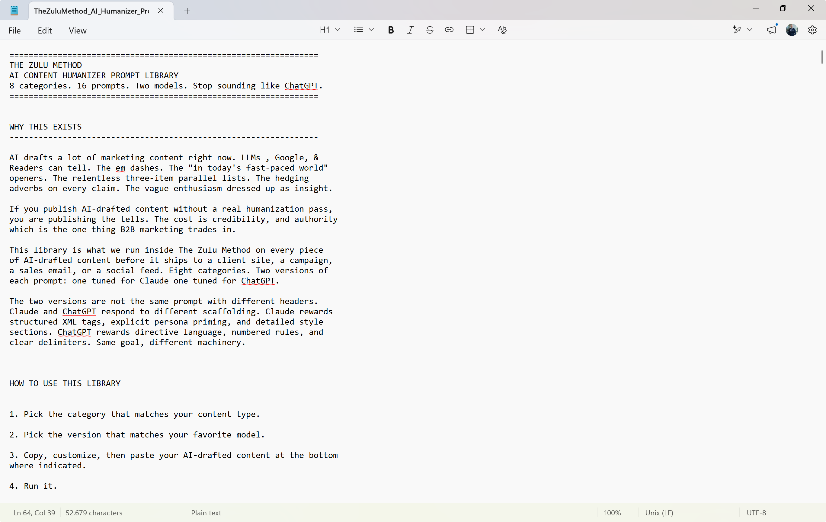 AI Humanizer Prompt Library interface