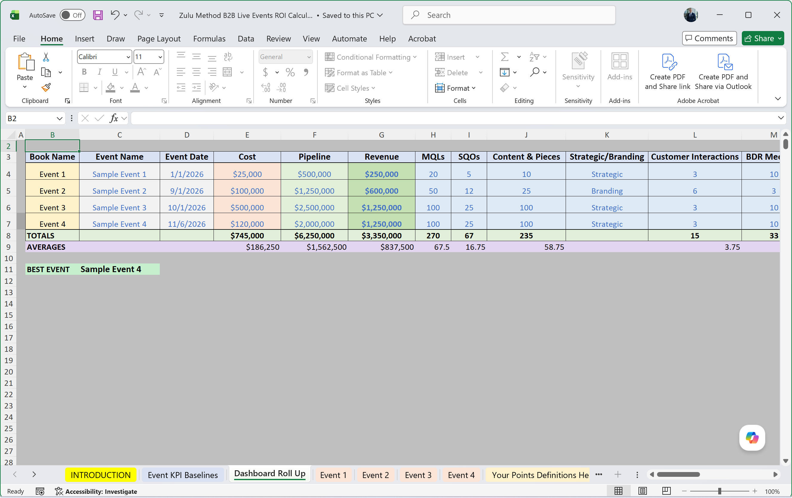 B2B Live Events ROI Calculator spreadsheet