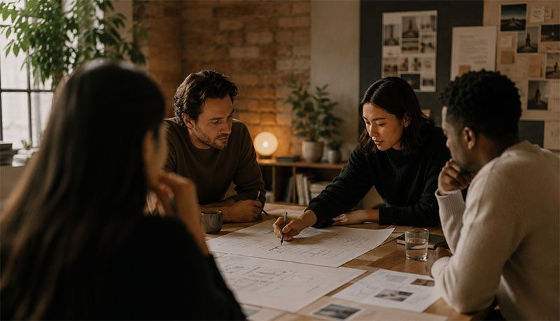 A marketing team collaborating around a table