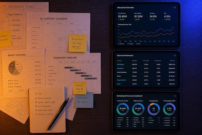 A marketing campaign plan beside a tablet of performance dashboards