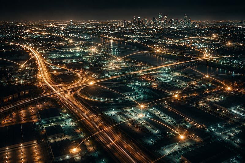 An aerial view of a city grid at night