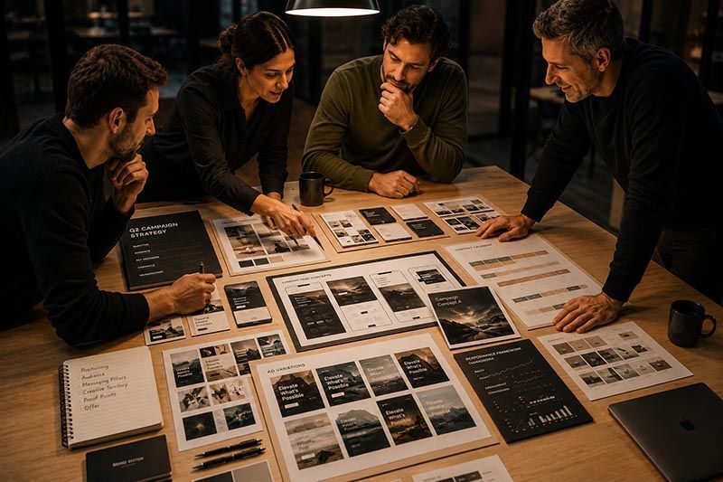 A marketing team reviewing campaign assets
