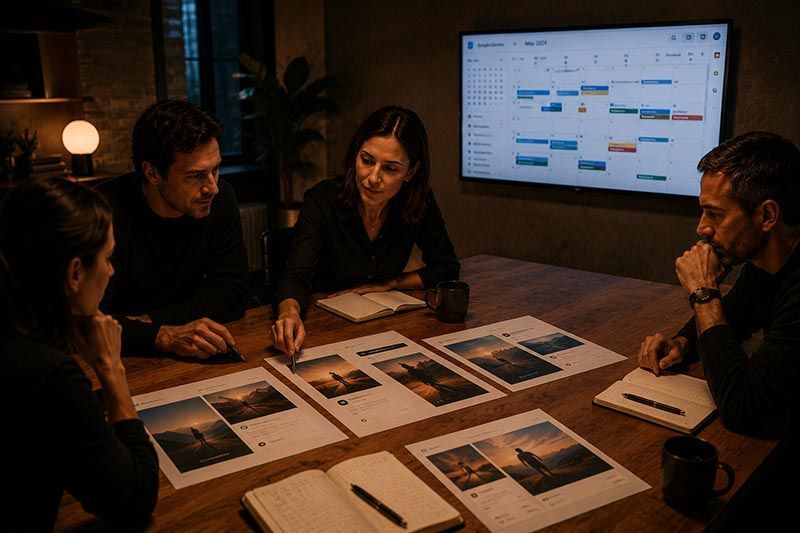 A marketing team reviewing campaign plans around a table