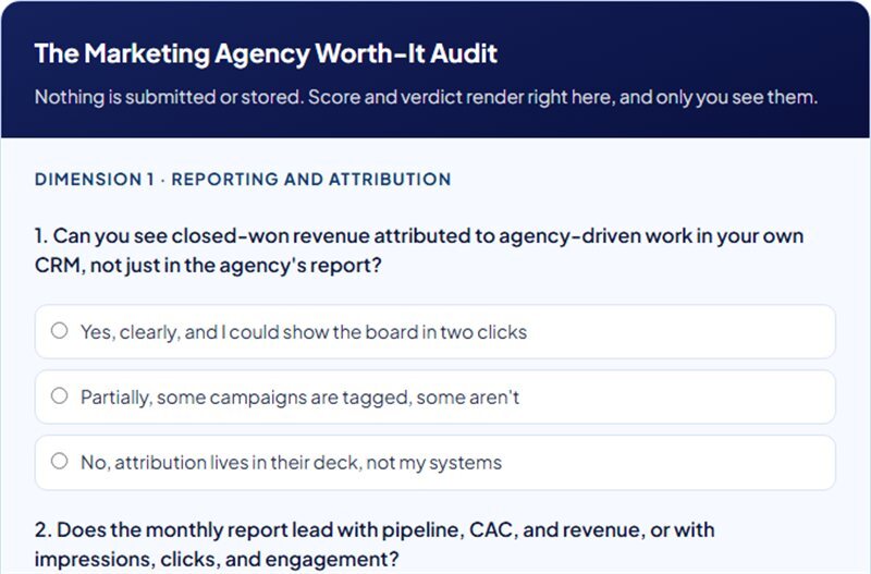 The Marketing Agency Worth-It Audit interactive tool showing dimension one, reporting and attribution questions